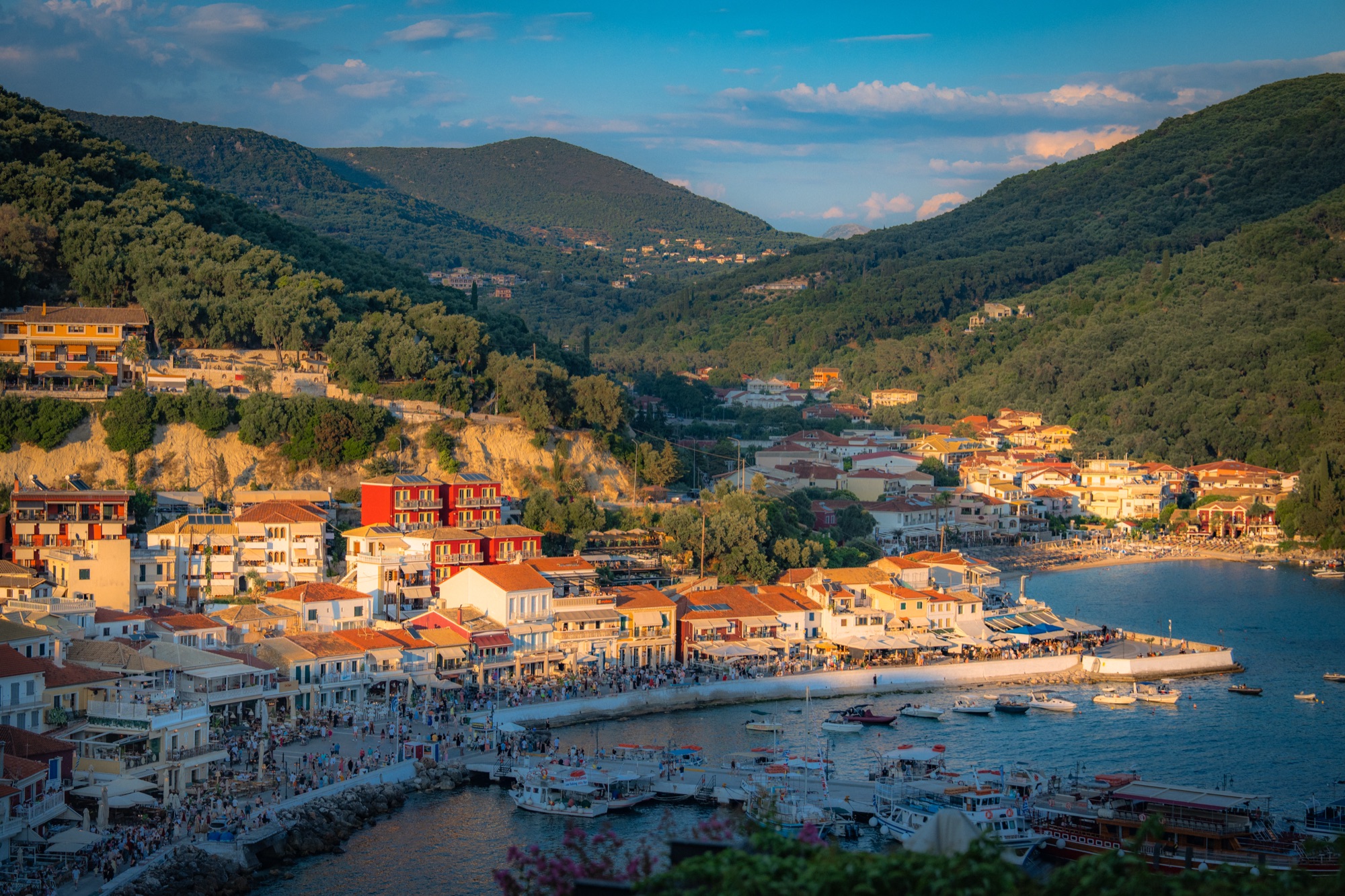 Golden hour view of Greek coastal town